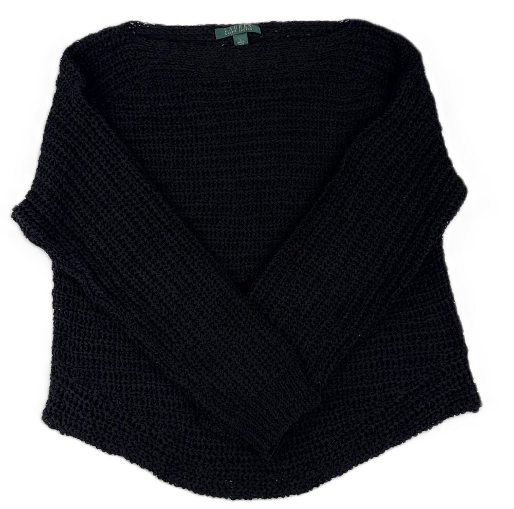 Lauren Ralph Lauren Crochet Sweater Women's Size L Open Knit Black Long Sleeves